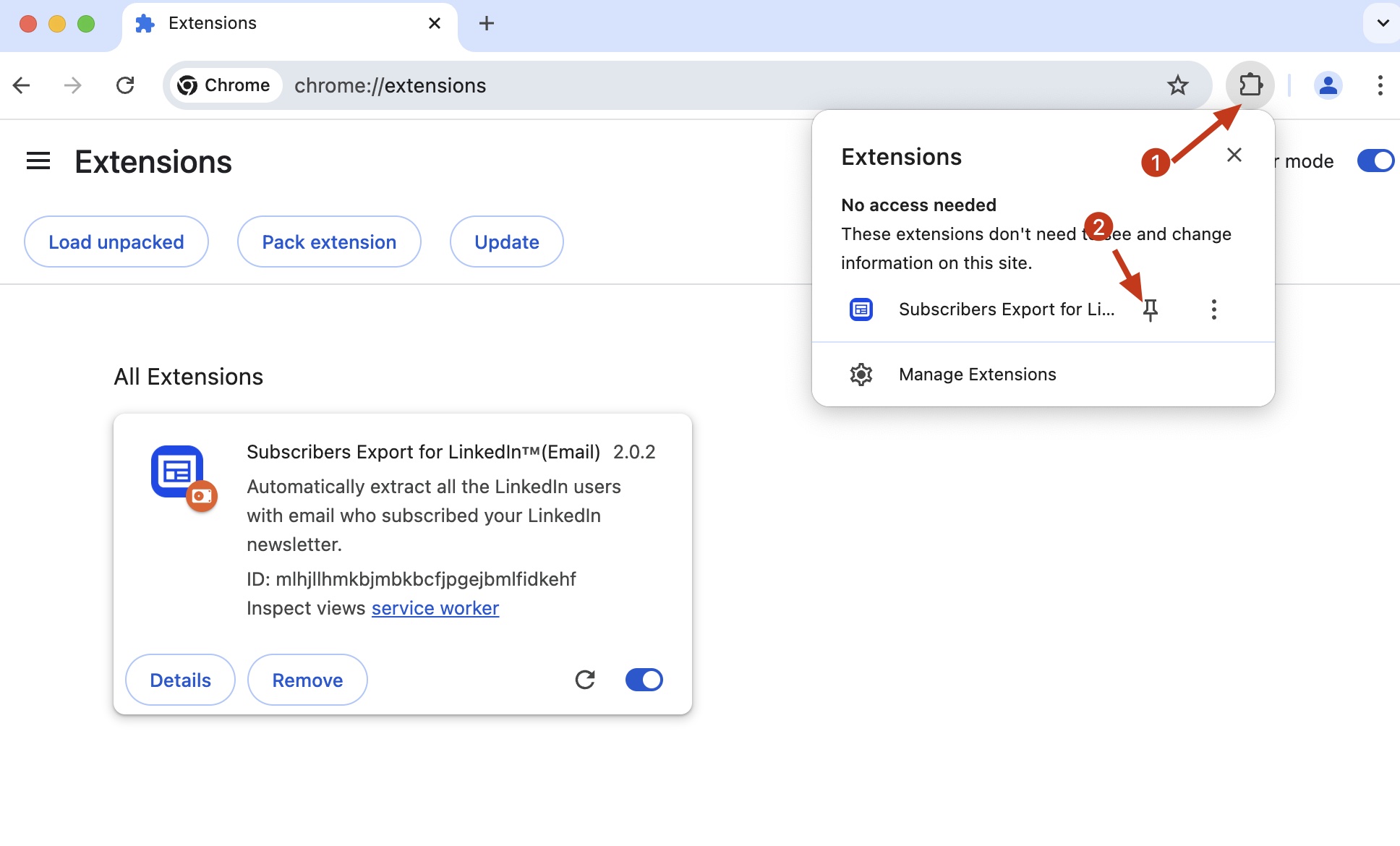 LinkedIn Subscribers Exporter chrome extension install pin